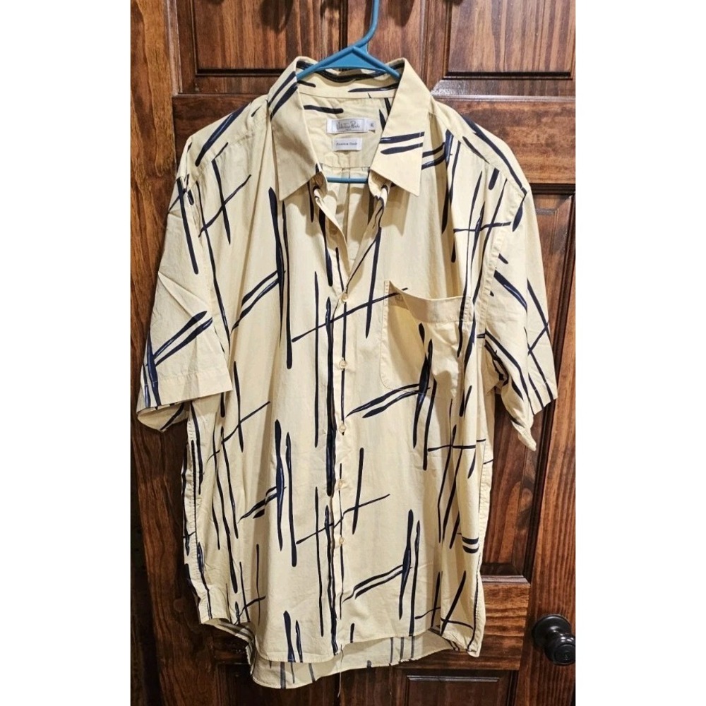 Valentino Rudy Italy Mens Abstract Cotton Button Up Shirt Retro Tan Navy XL